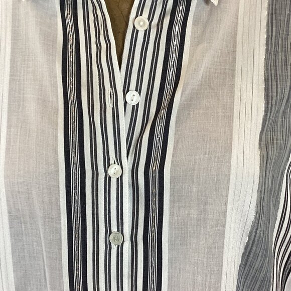 Peter Nygard Balloon Sleeve Button-Up Metallic Stripe Top M/L Gray Silver 295i - Picture 6 of 9